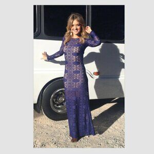 Lulus Cut Above the Rest Blue Lace Maxi Dress Long Sleeve Size S Evening Gown